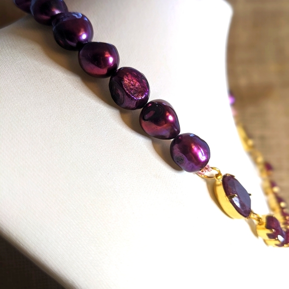Natural Faceted Rough Ruby Approx 24 TCW. & Wine Cultured Baroque Pearl Necklace - Picture 4 of 12